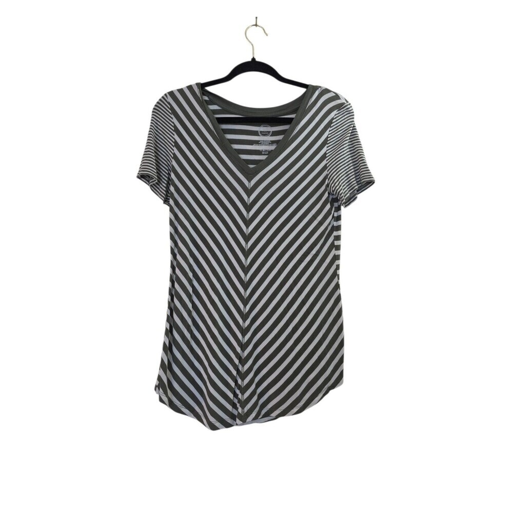 Maurices 24/7 Green White Striped V-Neck Short Sleeve T-Shirt Small Casual